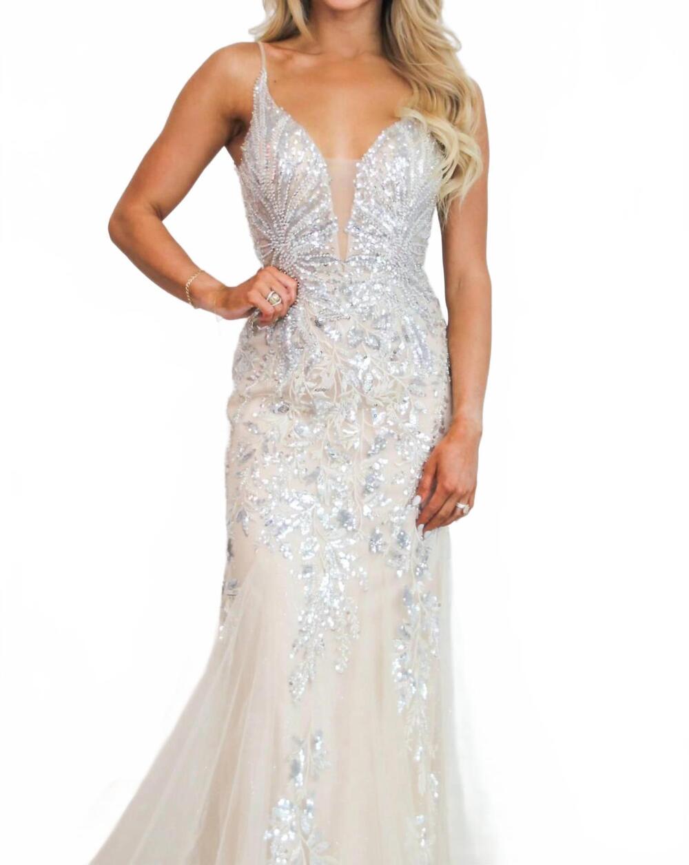 NEW ANDREA & LEO COUTURE magnolia sparkly sequin mermaid dress in platinum/nude